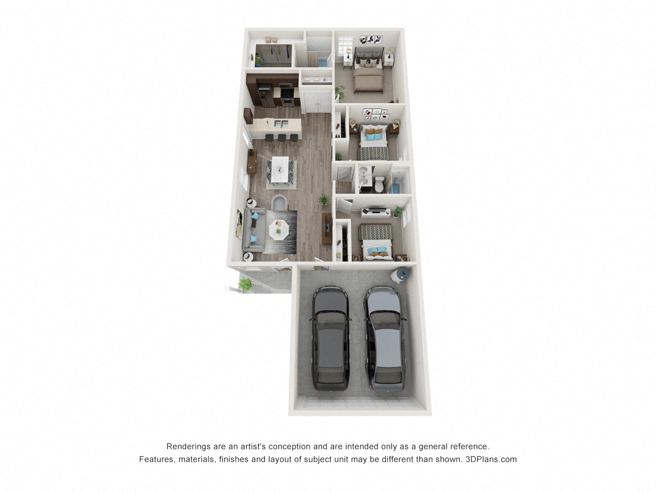 Floor plan for 3 beds, 2 baths, 1266 sqft